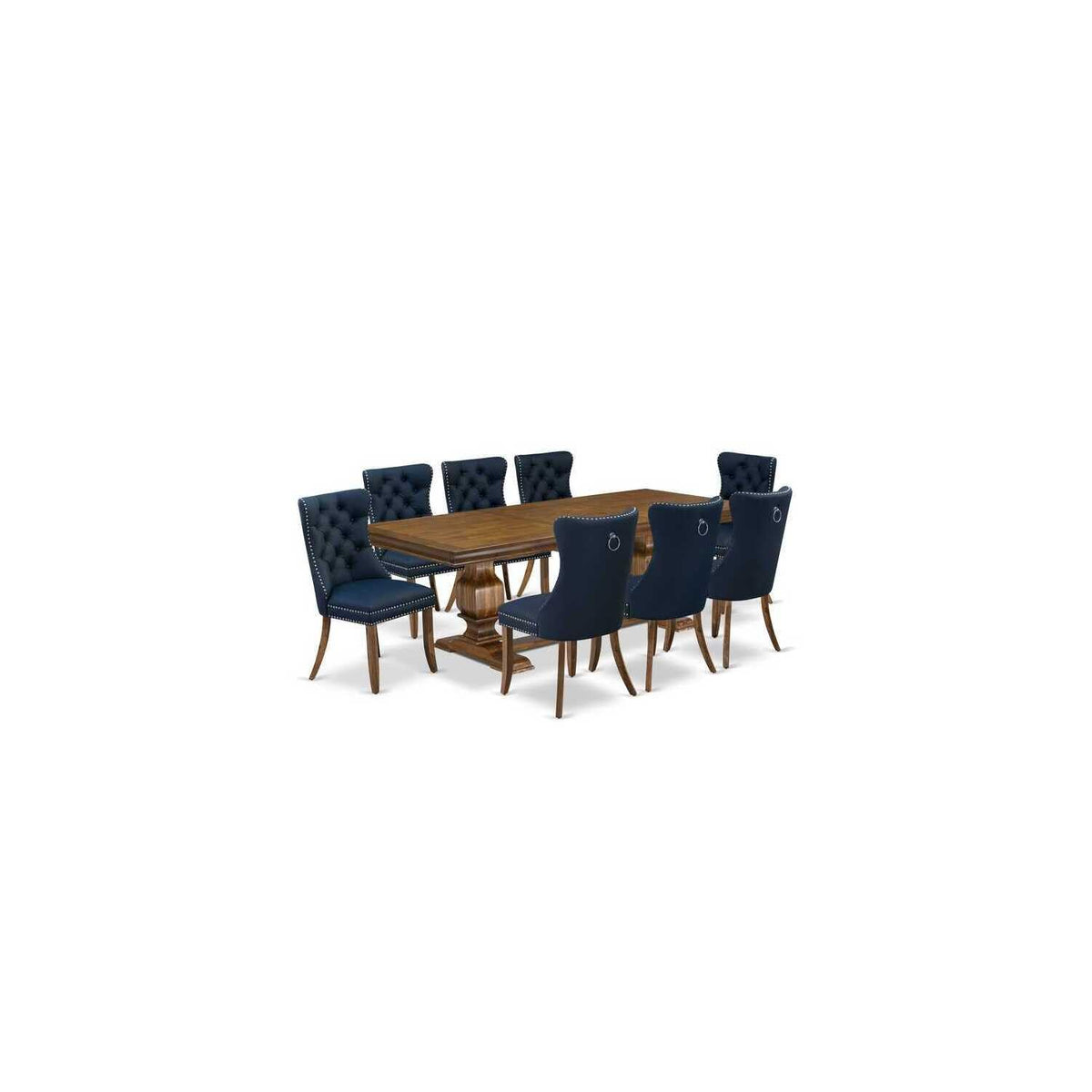 9 Pieces Dining Table Set with 8 Navy Blue Faux Leather Chairs Z6024