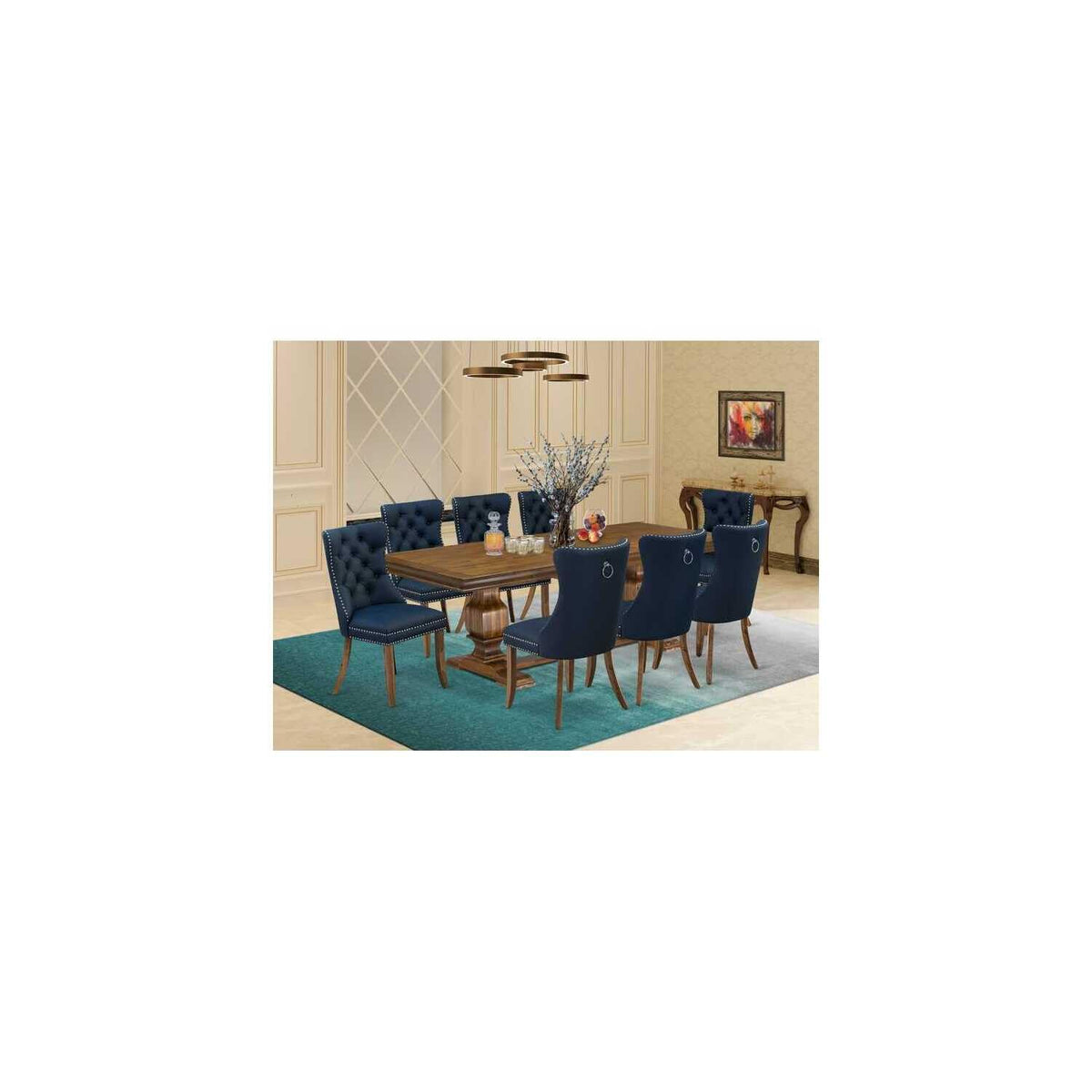 9 Pieces Dining Table Set with 8 Navy Blue Faux Leather Chairs Z6024