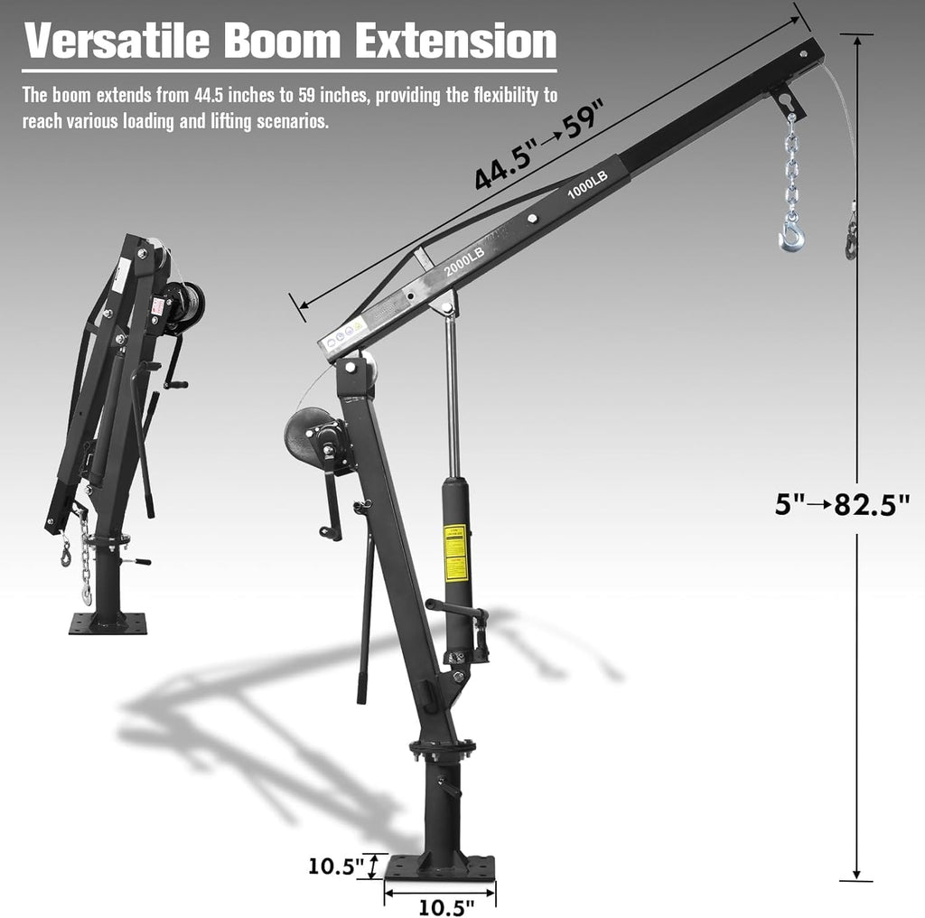 Hydraulic Pickup Truck Crane with Hand Winch, 2000 lb Capacity, 360° Rotation, Black U393391