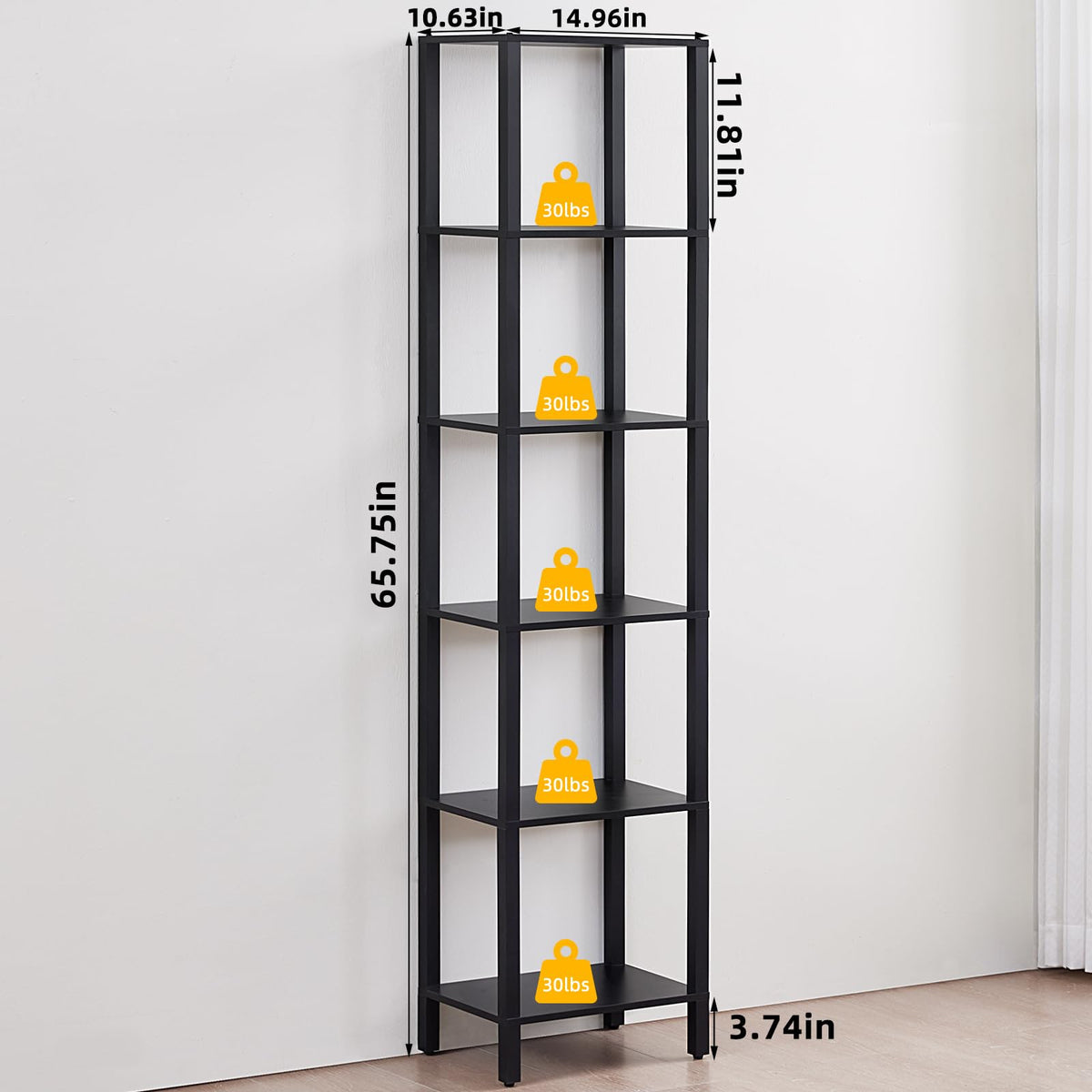 6 Tier Tall Skinny Black Bookshelf B16886