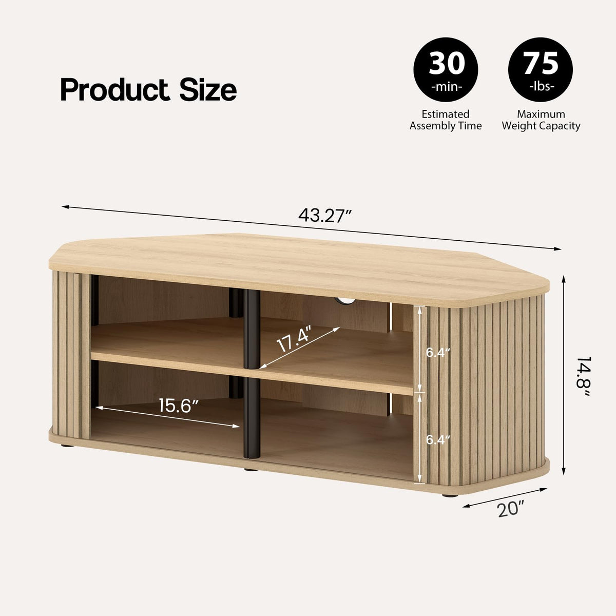 43 Inch Corner TV Stand with Sliding Tambour Door J72376