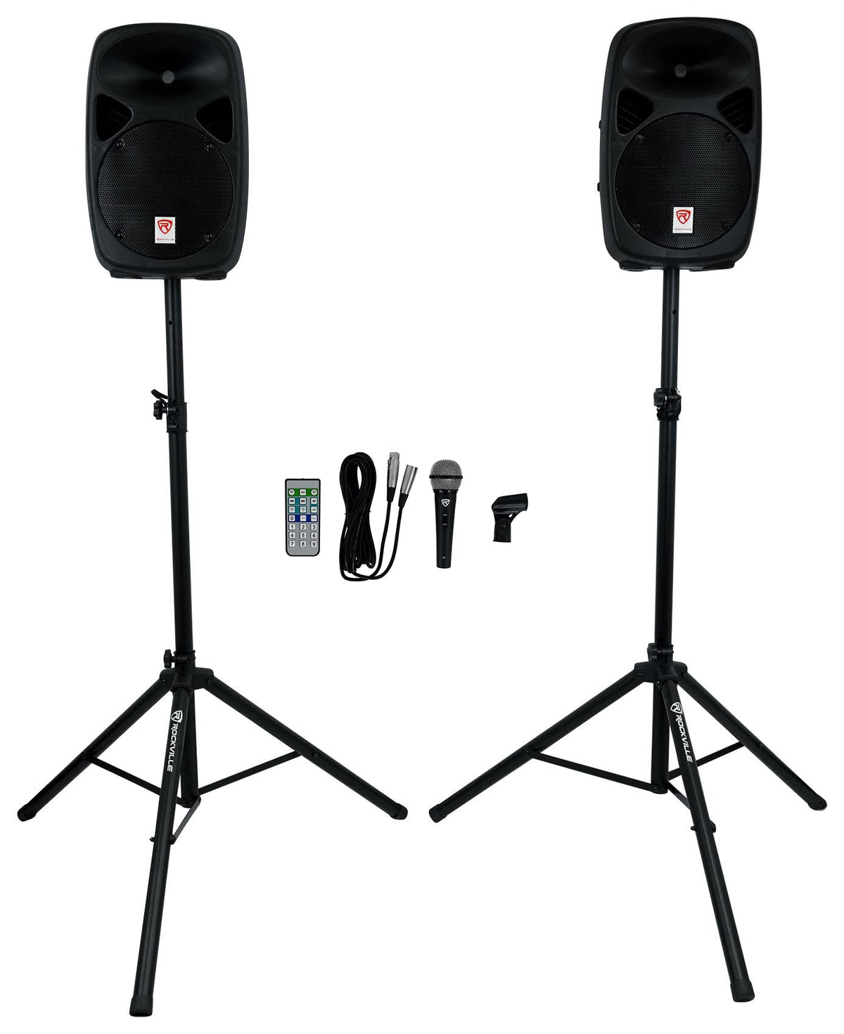 Powered PA Speaker Package with Mic Stands Cables C19127