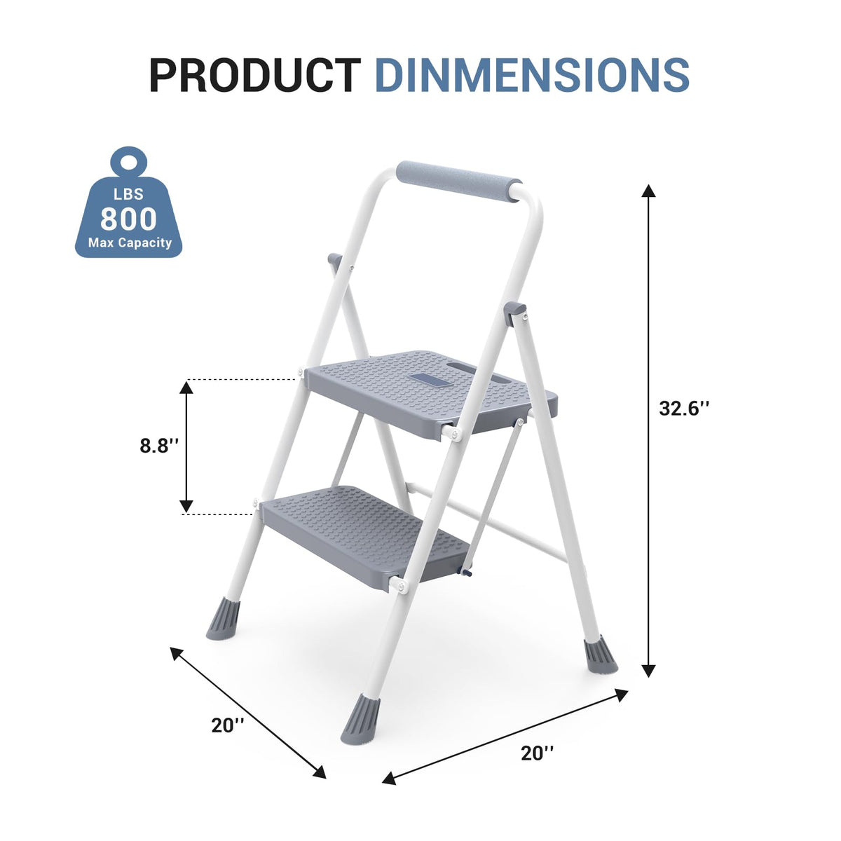 2 Step Ladder with Anti-Slip Pedal and Handrail, 800lbs, Grey M42796