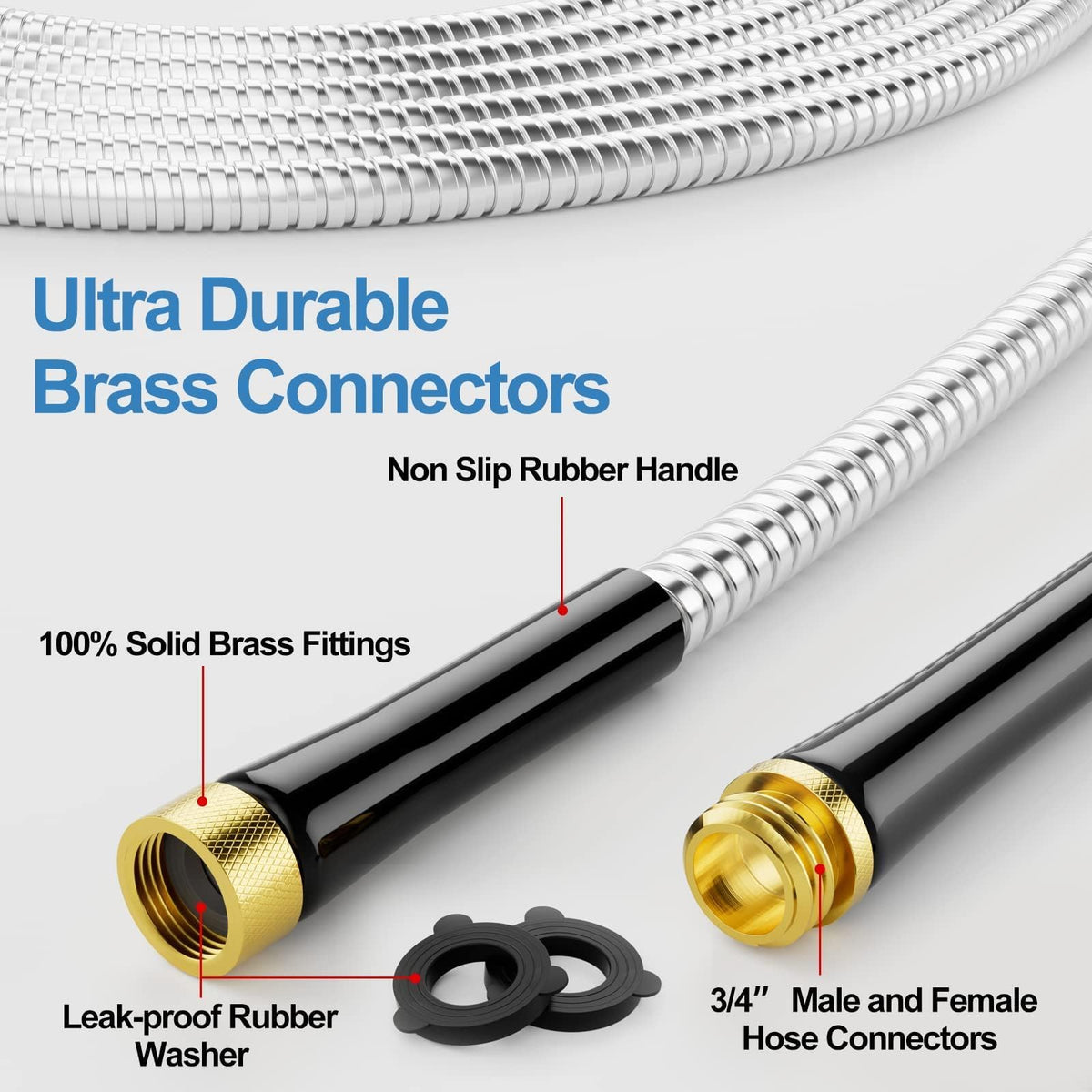 100ft 304 Stainless Steel Metal Garden Hose with Rubber Grip J4988