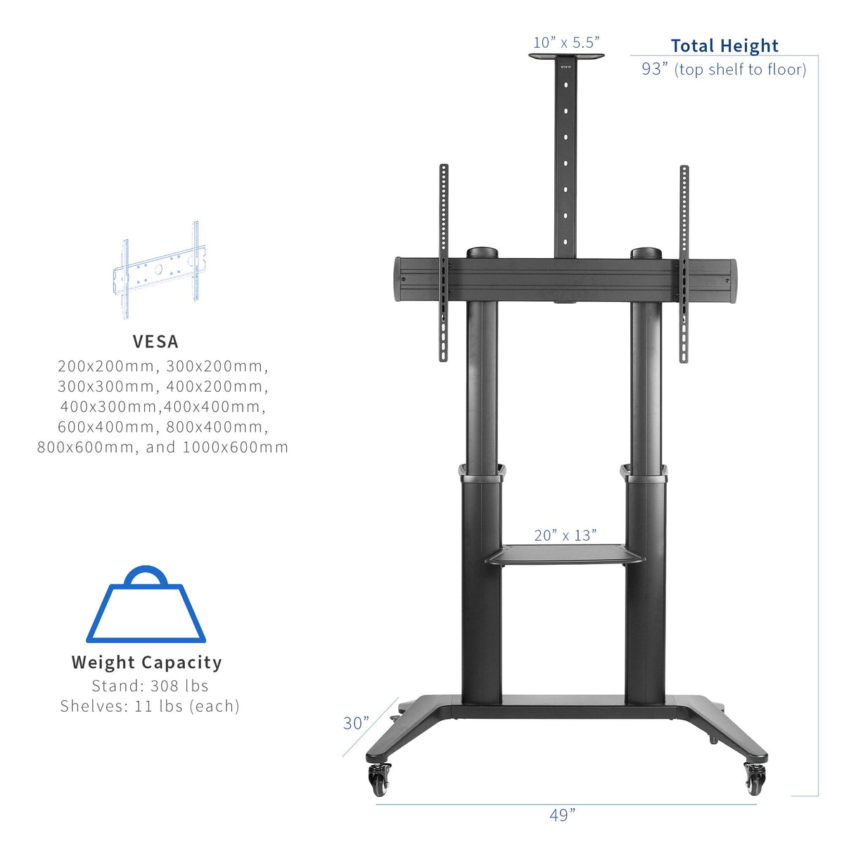 Aluminum Mobile TV Cart for 32 to 120 inch Screens up to 308 lbs, Black Y902