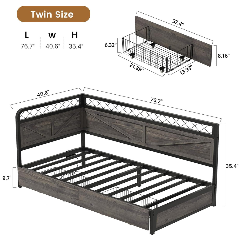Twin Corner Bed Frame with Storage Drawers P7920