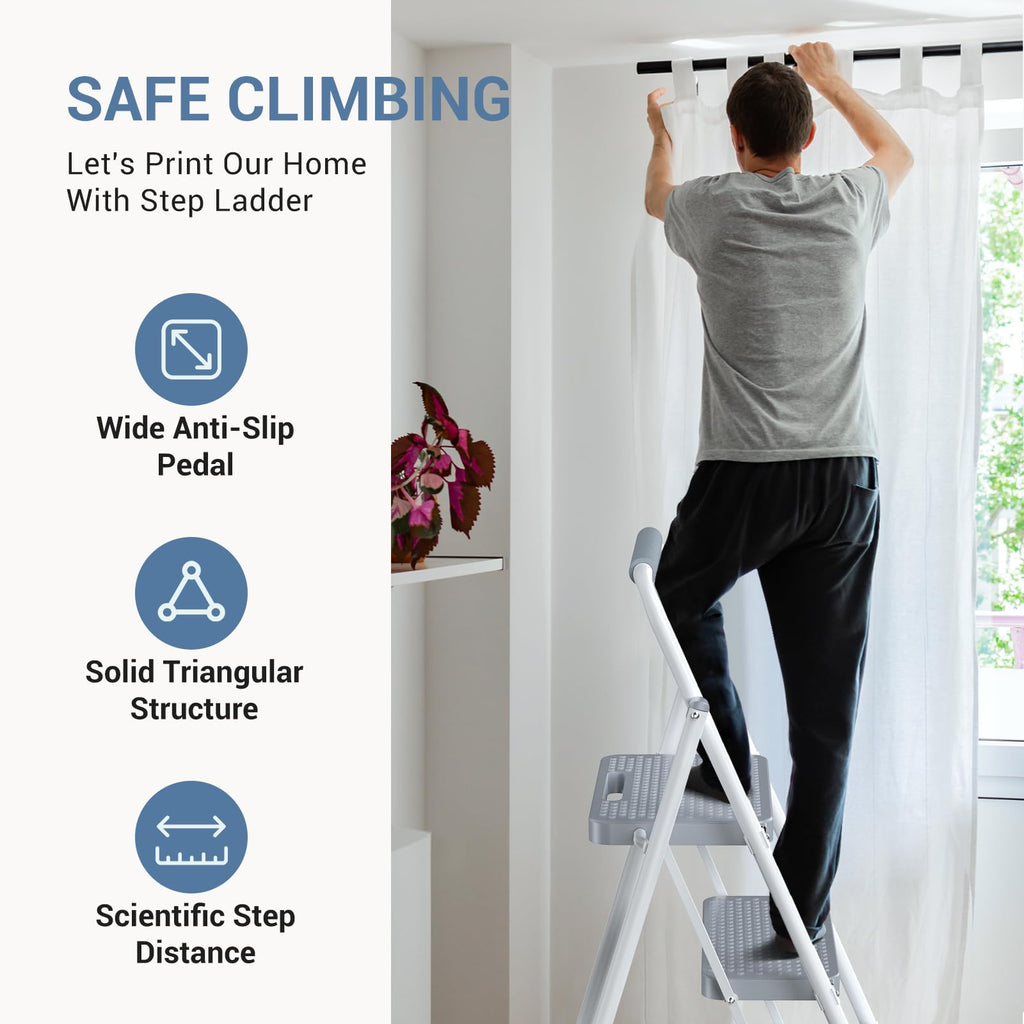 2 Step Ladder with Anti-Slip Pedal and Handrail, 800lbs, Grey M42796