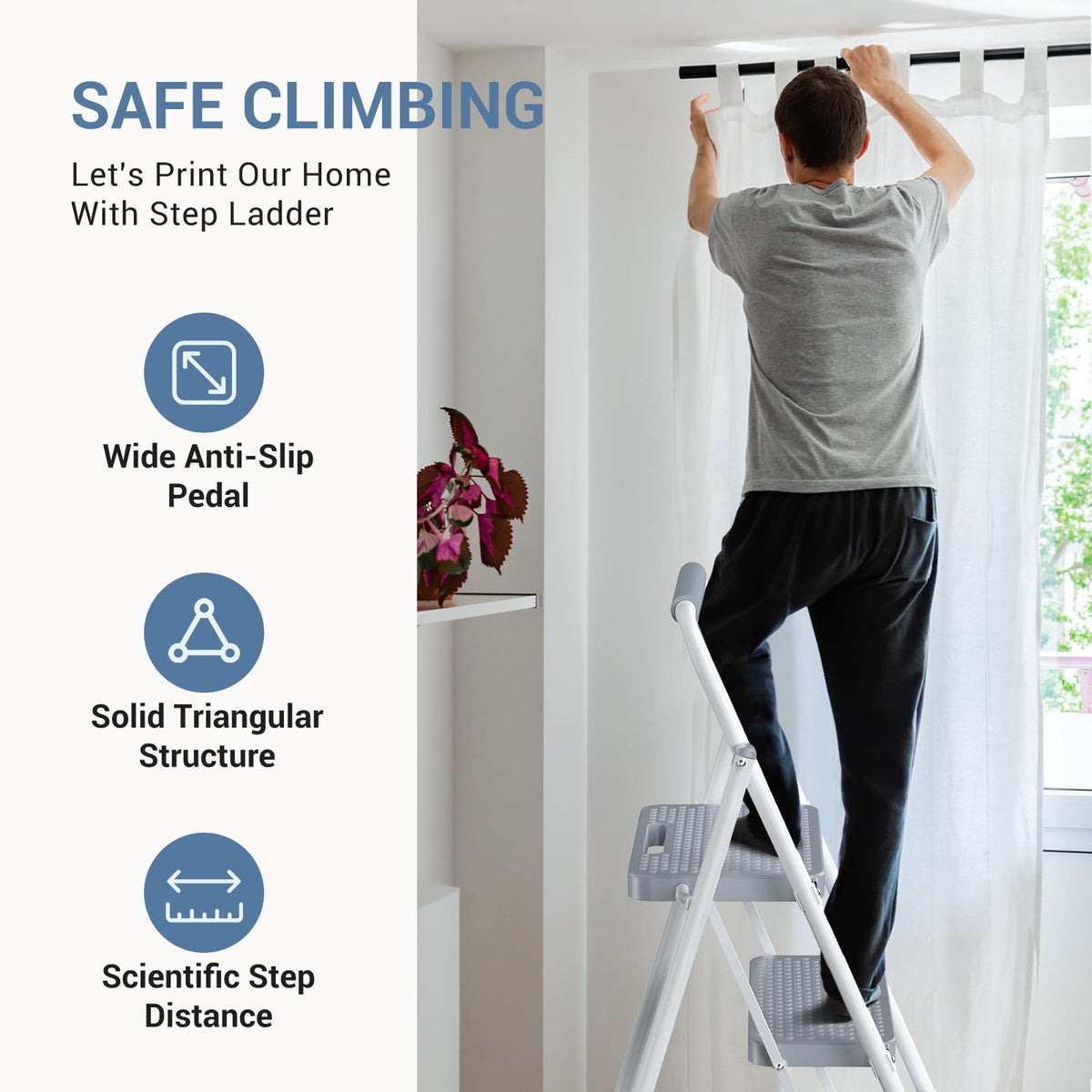 2 Step Ladder with Anti-Slip Pedal and Handrail, 800lbs, Grey M42796