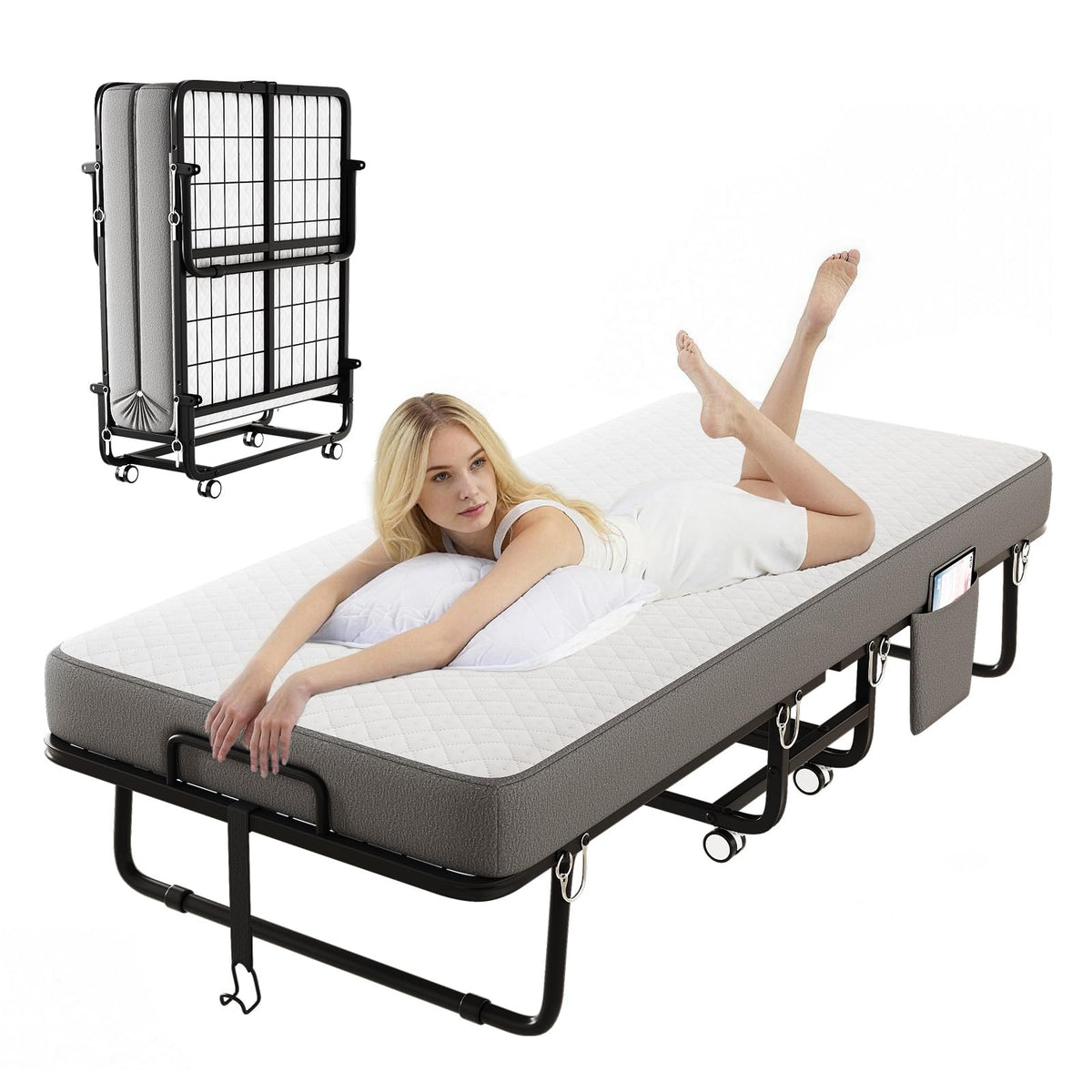 Folding Bed with Mattress, Memory Mattress Metal Frame Single Bed F894652