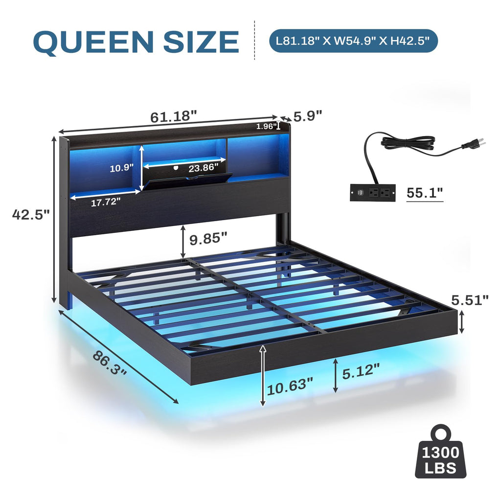 Queen Size Metal Platform Bed Frame with LED Lights and Storage Headboard H707