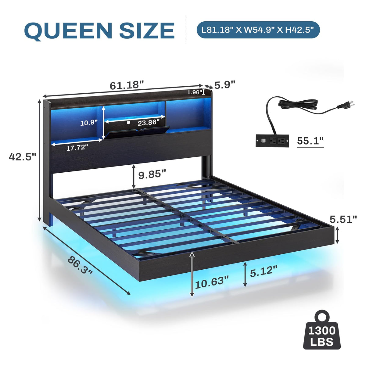 Queen Size Metal Platform Bed Frame with LED Lights and Storage Headboard H707