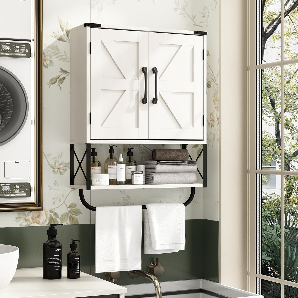 Medicine Cabinet with 2 Barn Door & Towel Bar Rack C234