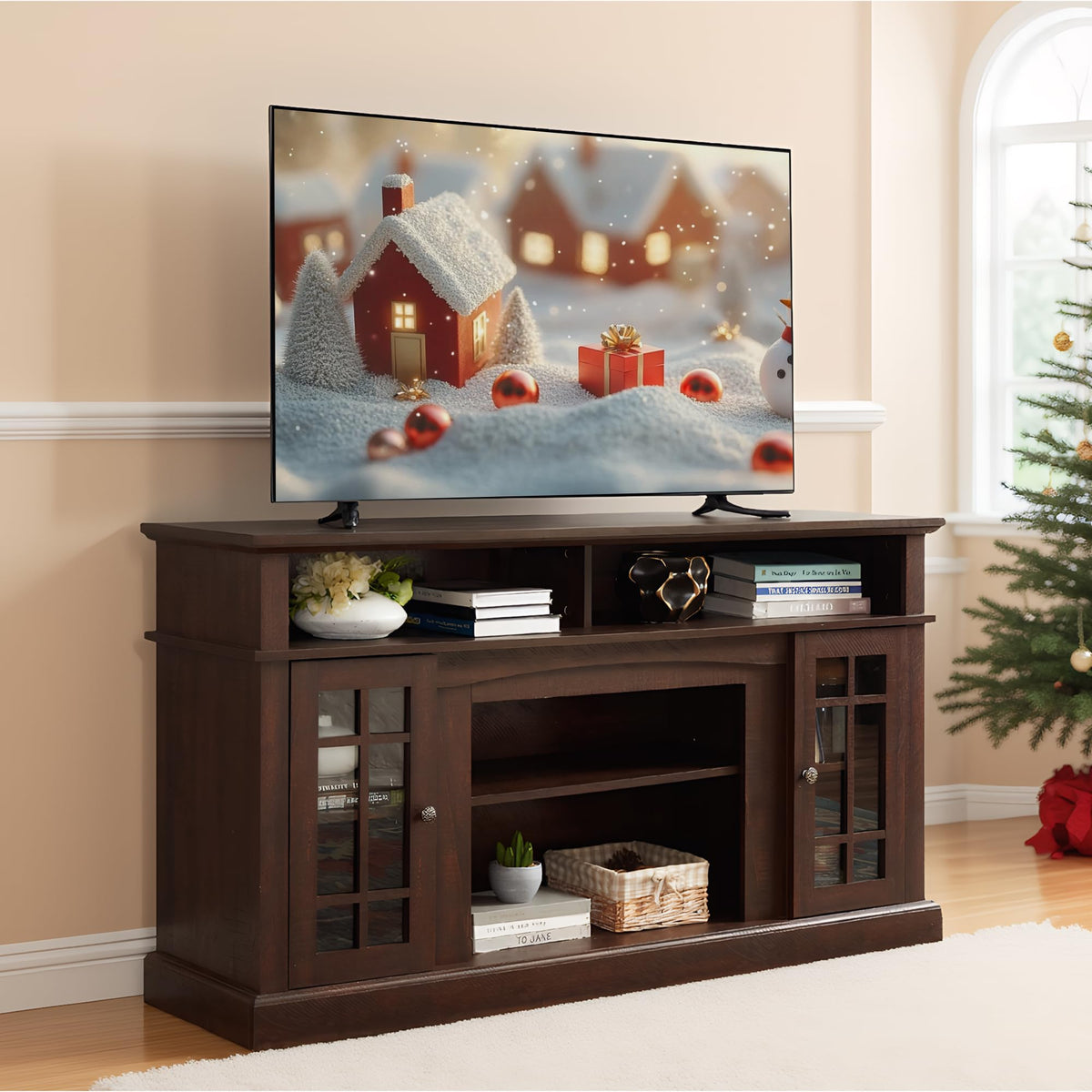 Espresso TV Stand with Glass Door and Open Shelves M3892
