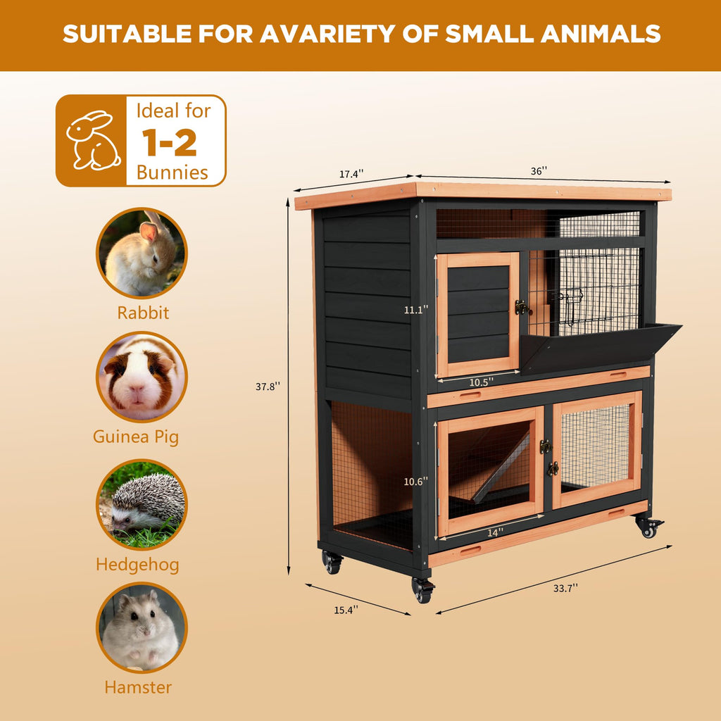 2-Story Wooden Rabbit Hutch Guinea Pig Cage with Wheels M82977