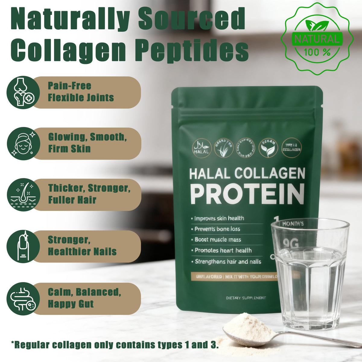 Halal Collagen Protein Powder, Grass Fed Organic Hydrolyzed Peptides, Unflavoured, 30 Servings T79582