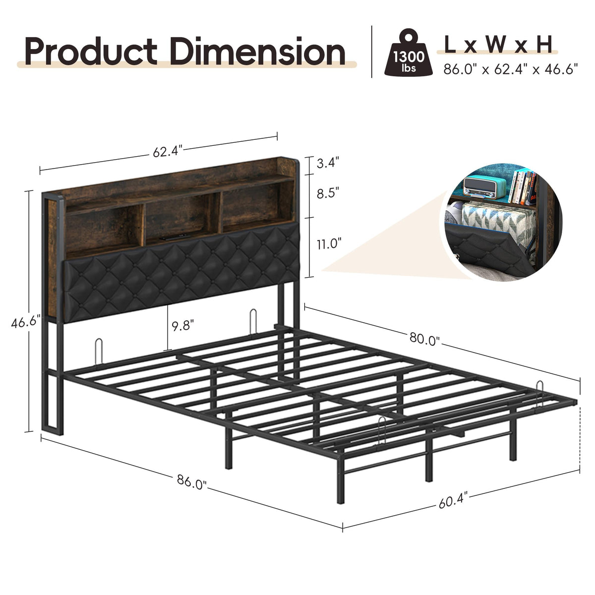 Queen Size Metal Platform Bed with Storage Bookcase Headboard D994