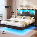 Queen Size Metal Platform Bed Frame with LED Lights and Storage Headboard H707