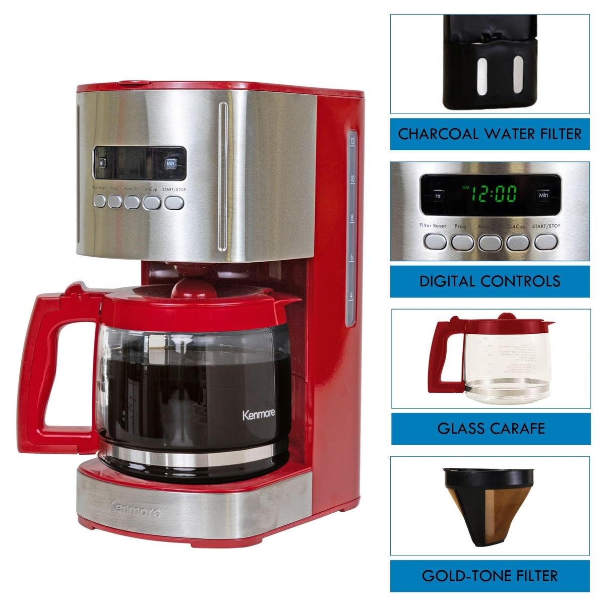 12 Cup Programmable Drip Coffee Maker, Red and Stainless Steel, 12 Pack Charcoal Water Filter N170052