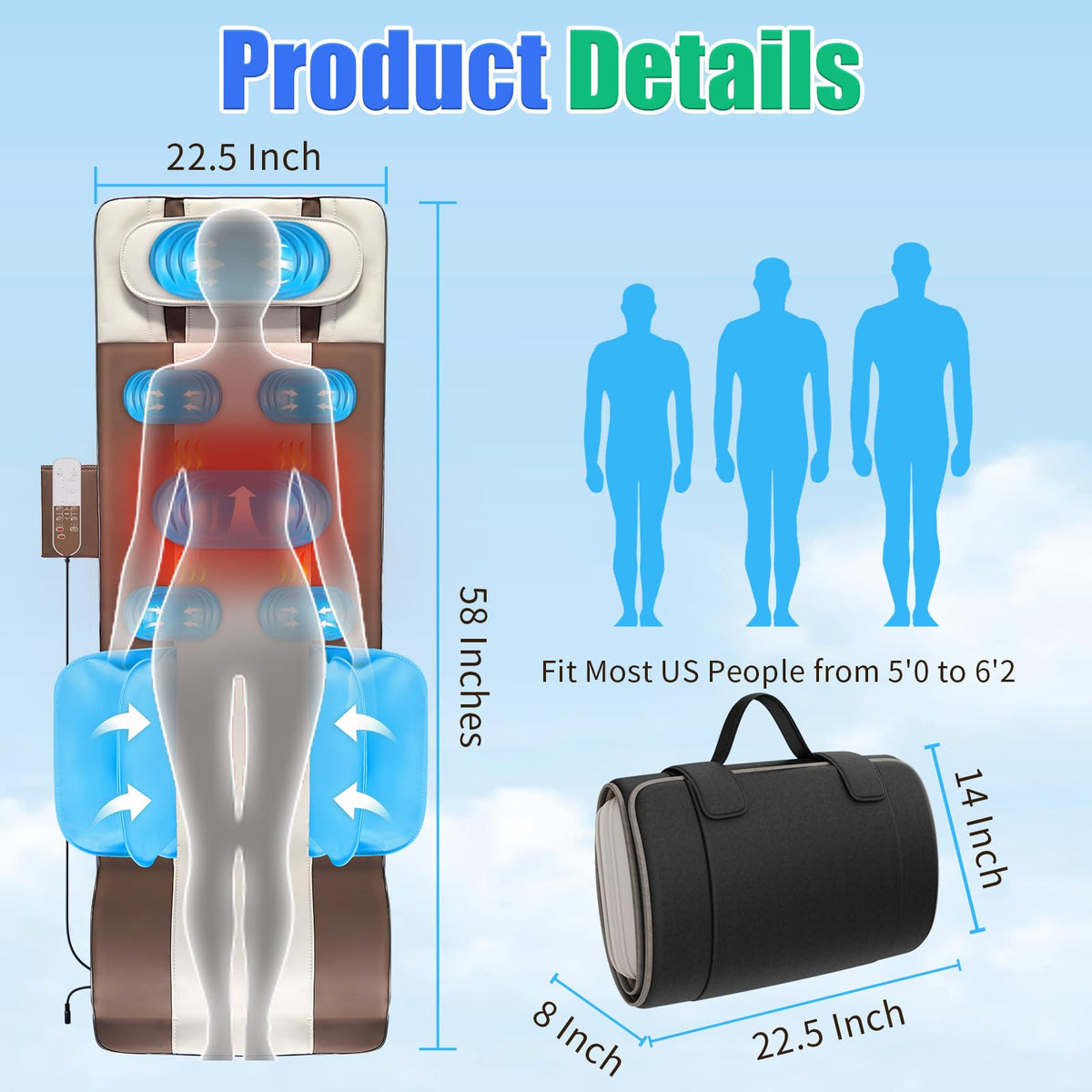 Full Body Massage Mat with Airbags Stretching & Heating, 3D Lumbar Traction, 4 Modes 3 Intensities 3 Heat Levels, PU Leather, Portable & Foldable R7863