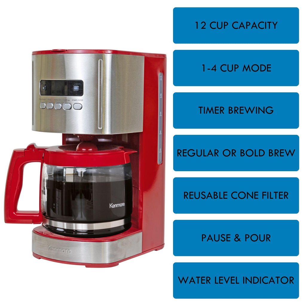 12 Cup Programmable Drip Coffee Maker, Red and Stainless Steel, 12 Pack Charcoal Water Filter N170052