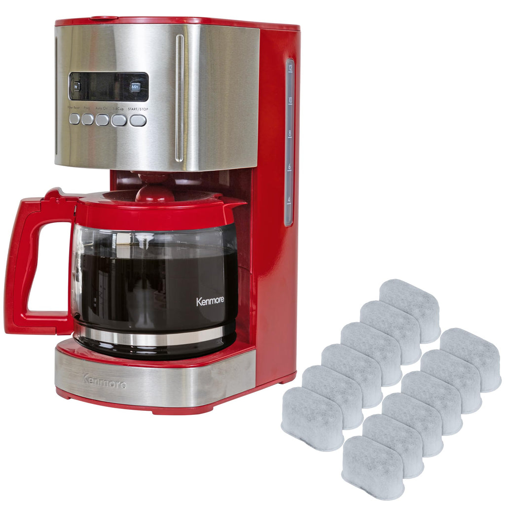 12 Cup Programmable Drip Coffee Maker, Red and Stainless Steel, 12 Pack Charcoal Water Filter N170052