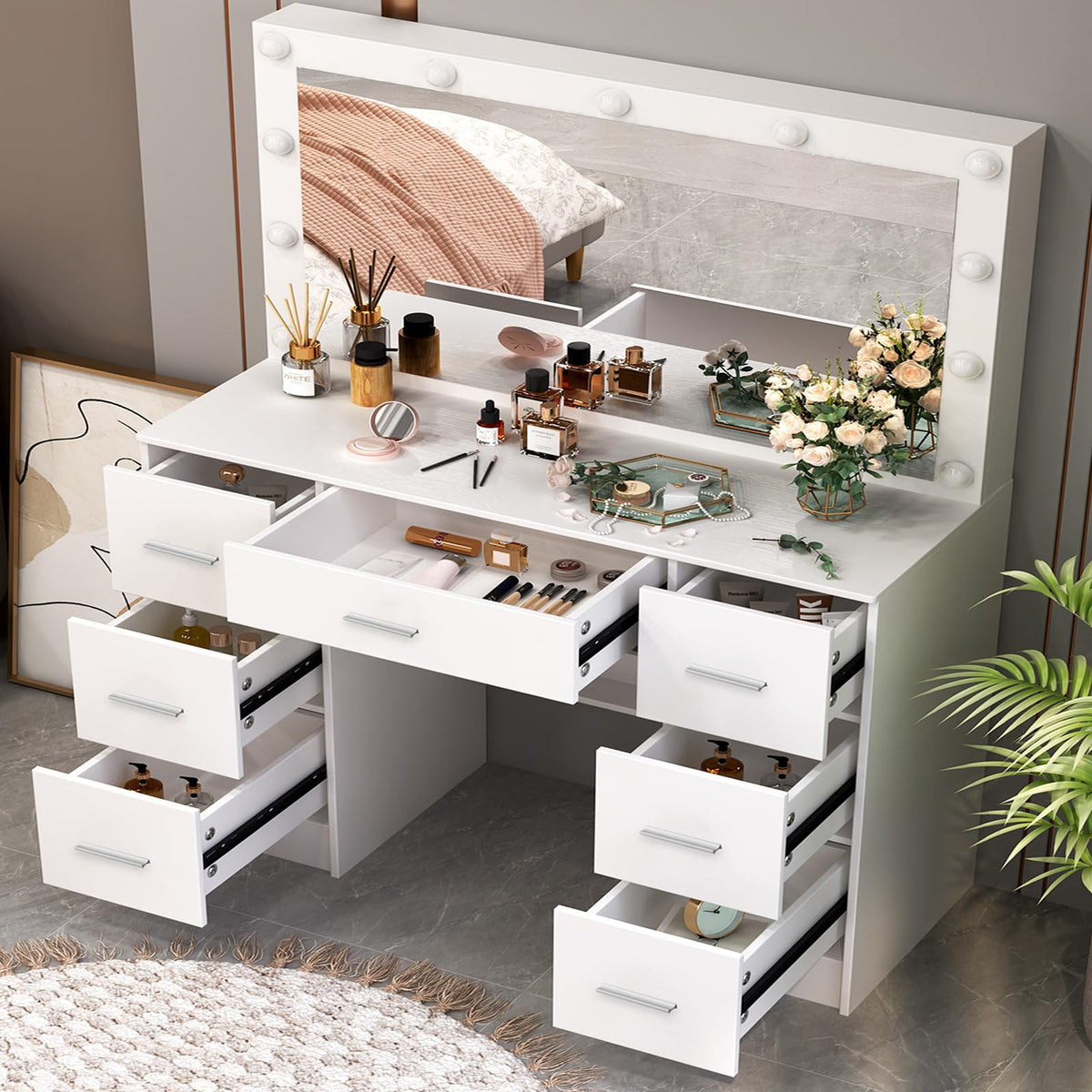 White 7 Drawer Vanity with Lights and Mirror R5529