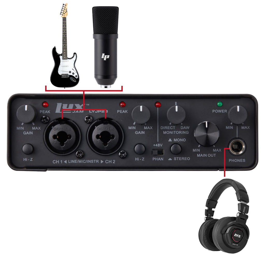 2x2 USB Audio Interface Recording Bundle with Condenser Mic, Headphones, Shockmount, XLR Cable Y788161