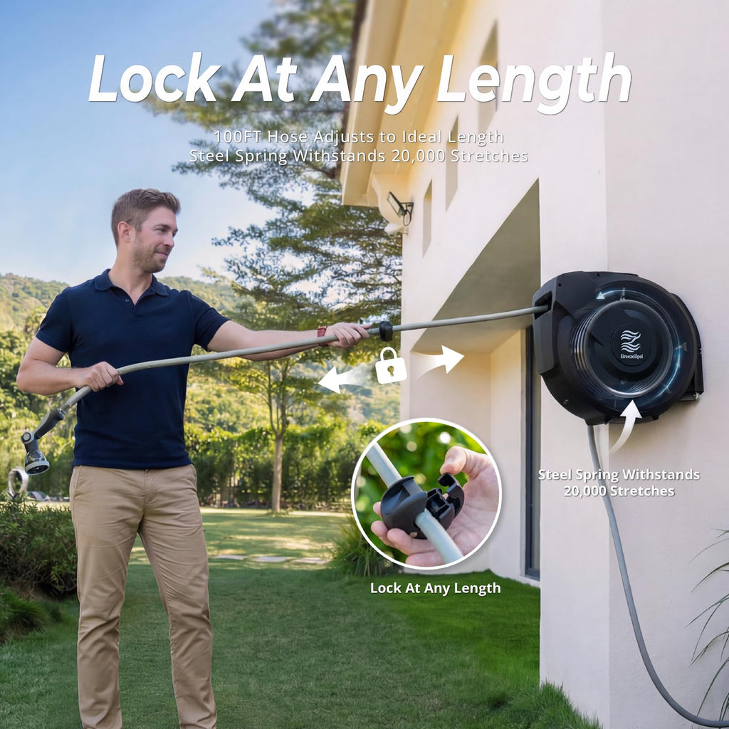 Retractable Garden Hose Reel, 5/8 in x 100ft, Auto Rewind Q4529
