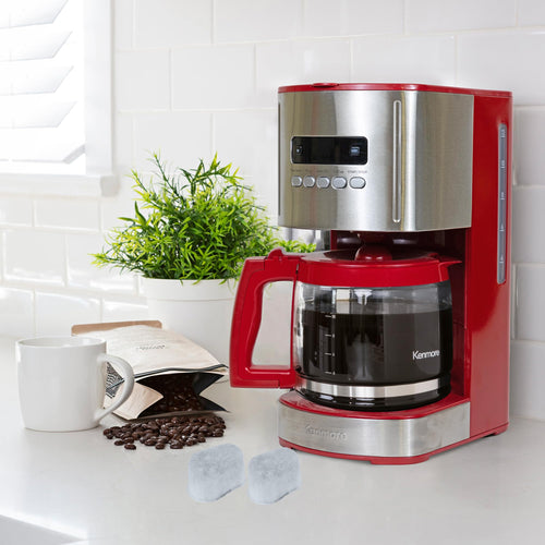 12 Cup Programmable Drip Coffee Maker, Red and Stainless Steel, 12 Pack Charcoal Water Filter N170052