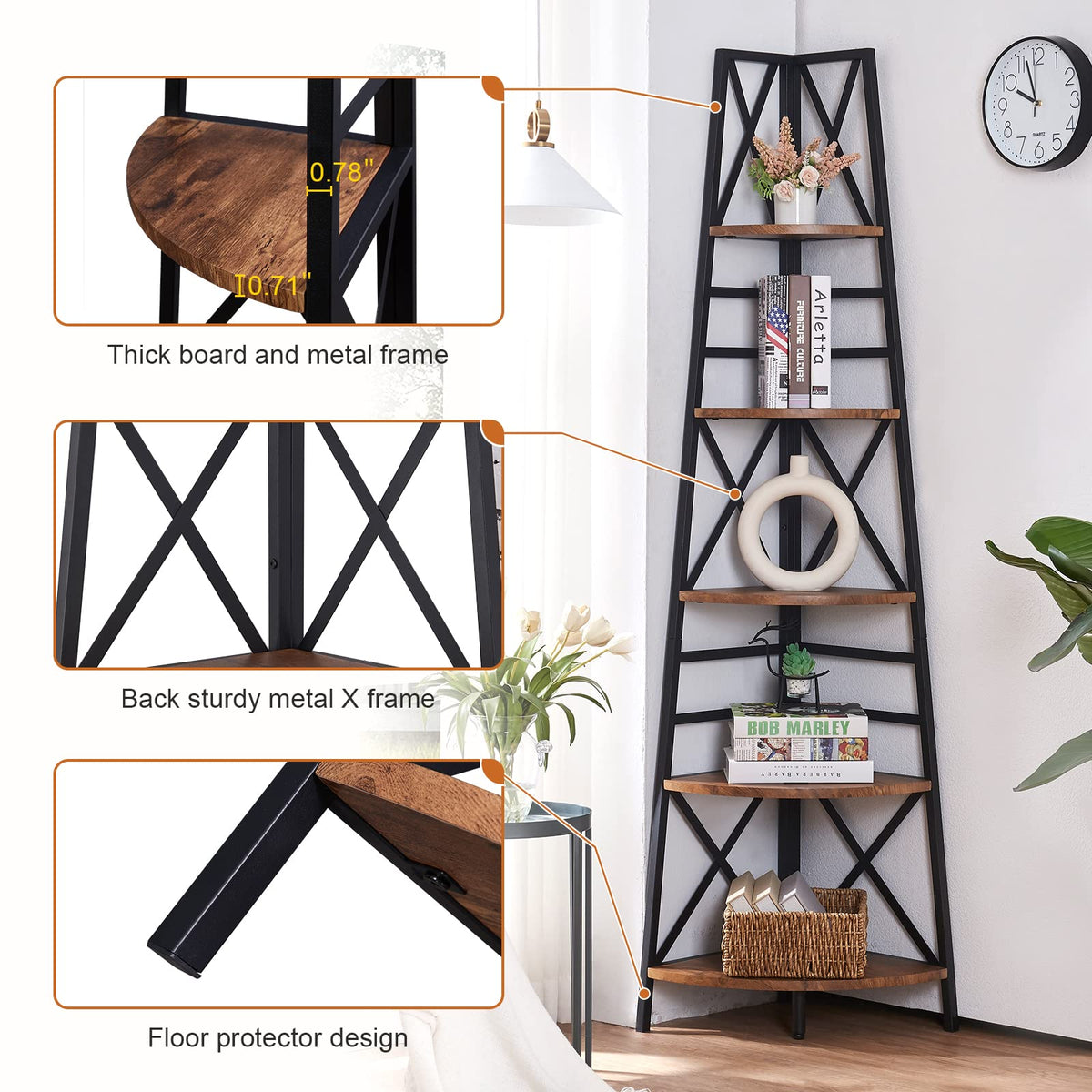 5 Tier 72 Inch Tall Corner Bookshelf N3897
