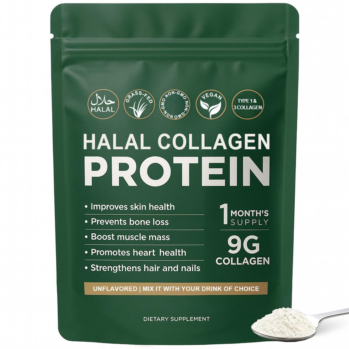 Halal Collagen Protein Powder, Grass Fed Organic Hydrolyzed Peptides, Unflavoured, 30 Servings T79582
