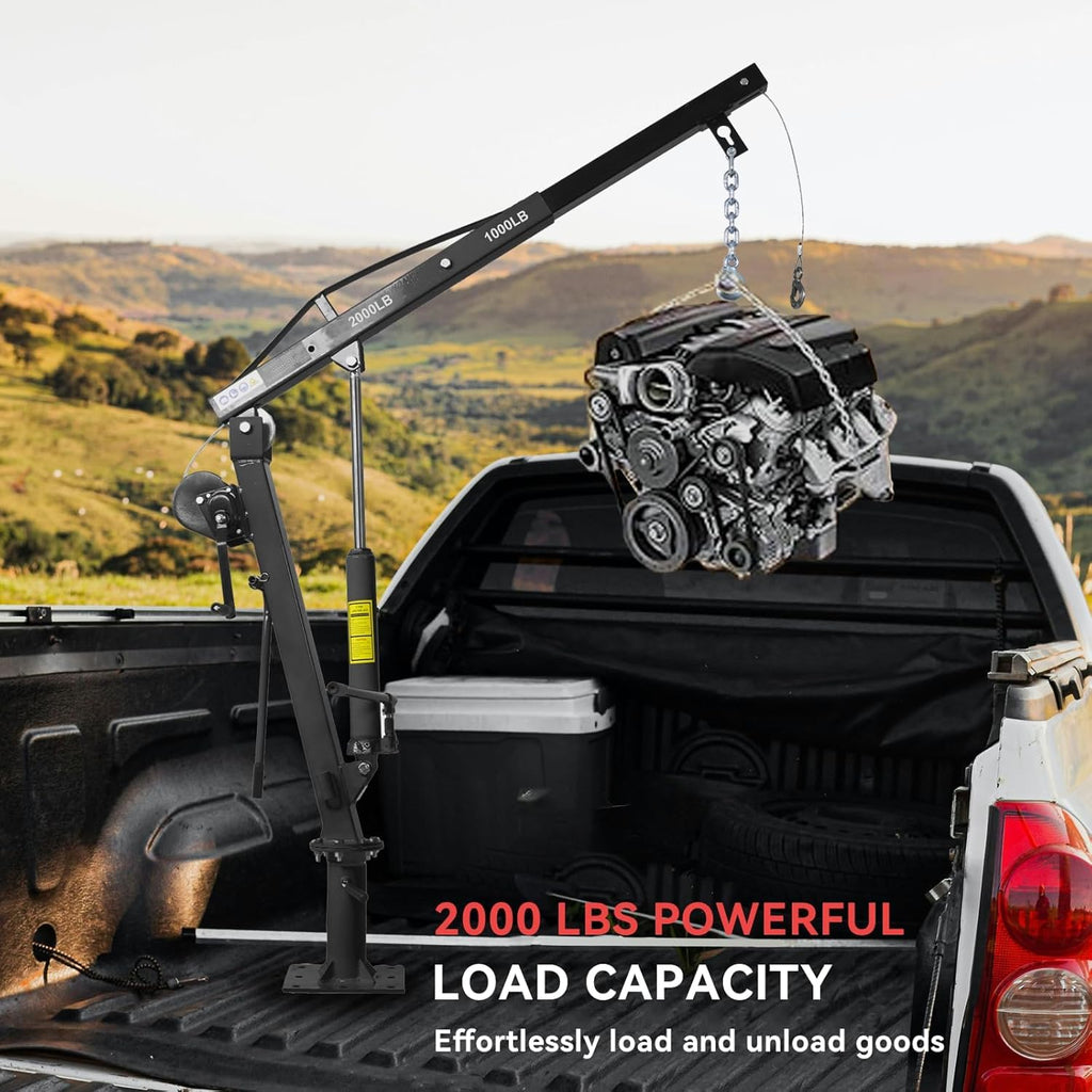 Hydraulic Pickup Truck Crane with Hand Winch, 2000 lb Capacity, 360° Rotation, Black U393391