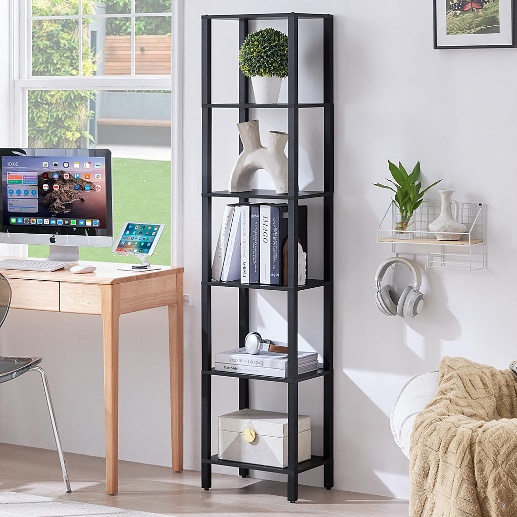 6 Tier Tall Skinny Black Bookshelf B16886