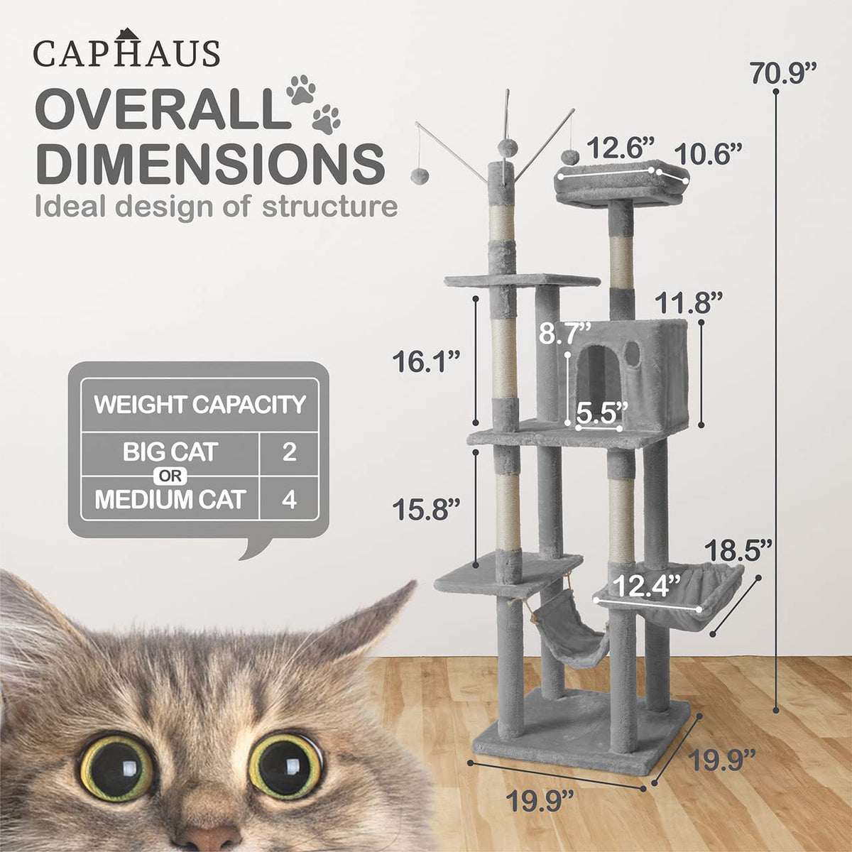 70-Inch Multi-Level Cat Tree with Hammock and Cat Cave K7537