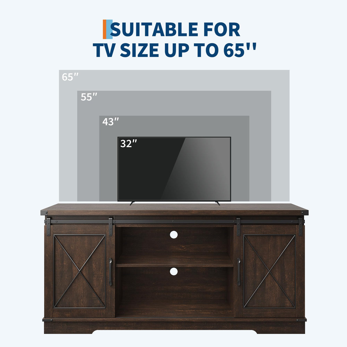 Brown Farmhouse TV Stand with Sliding Barn Doors and Storage Cabinets E29026