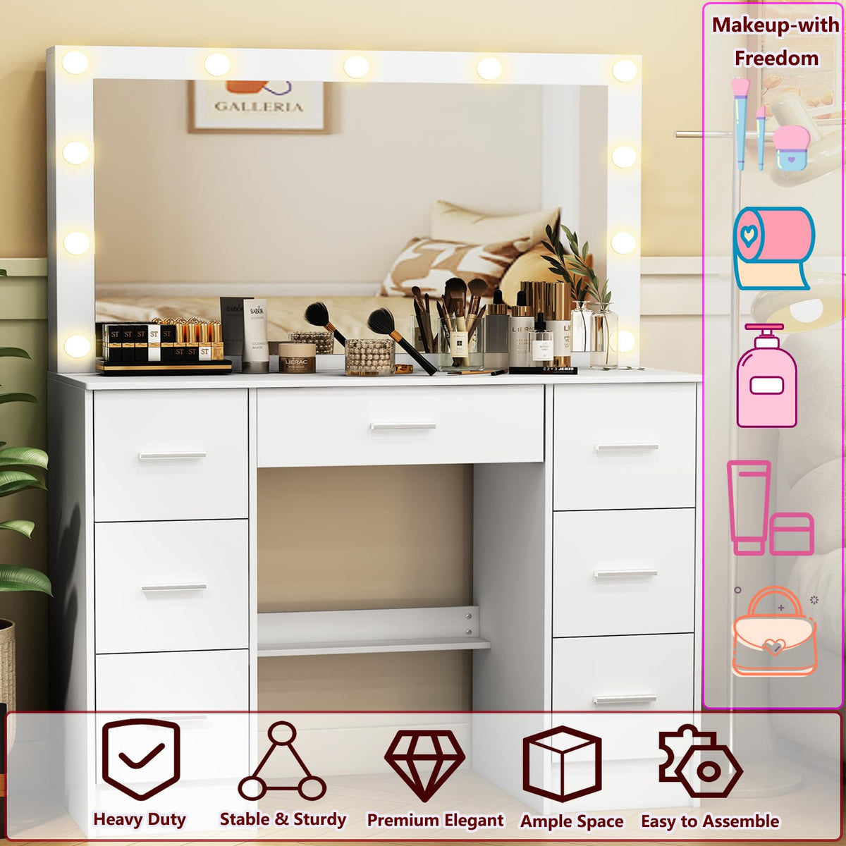 White 7 Drawer Vanity with Lights and Mirror R5529