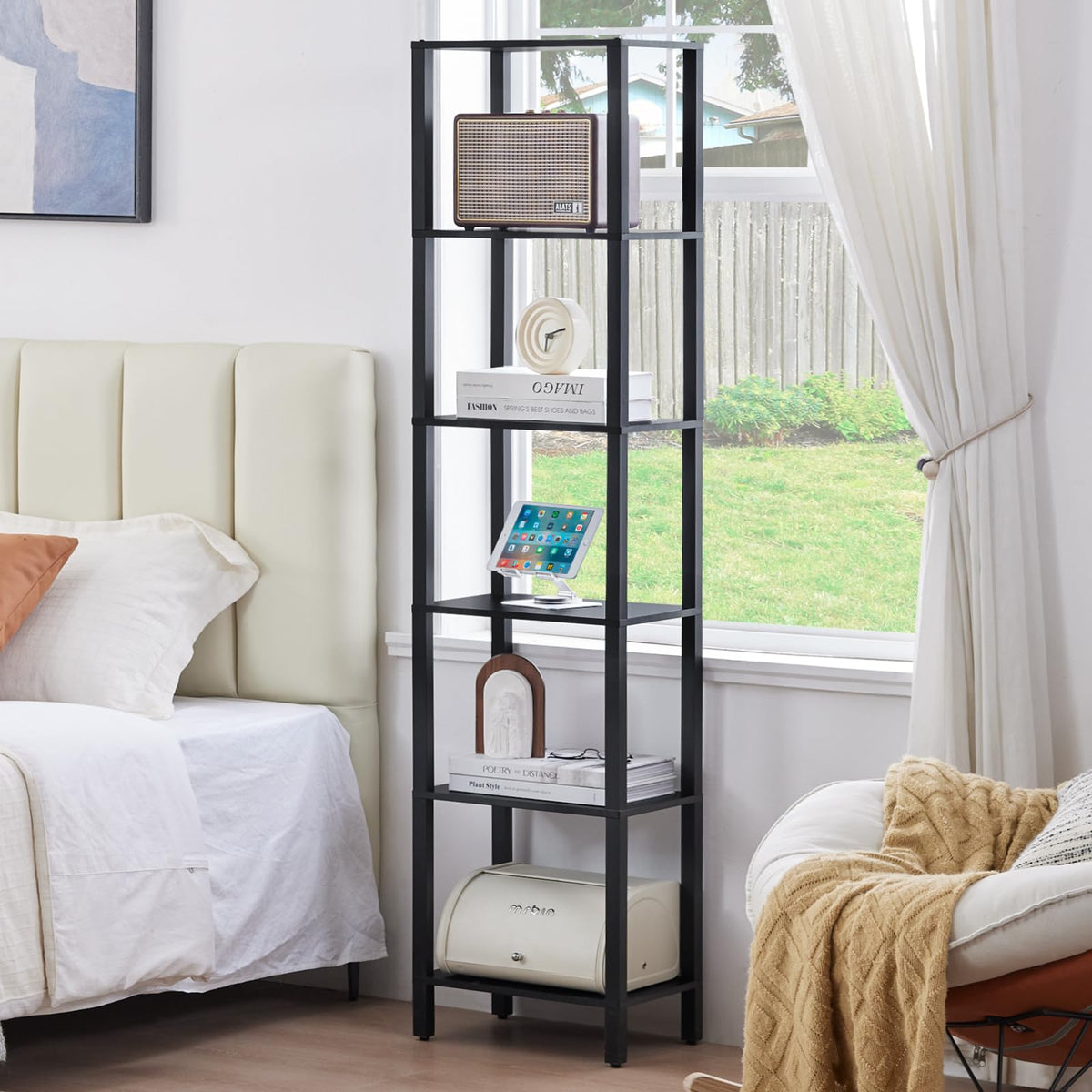 6 Tier Tall Skinny Black Bookshelf B16886