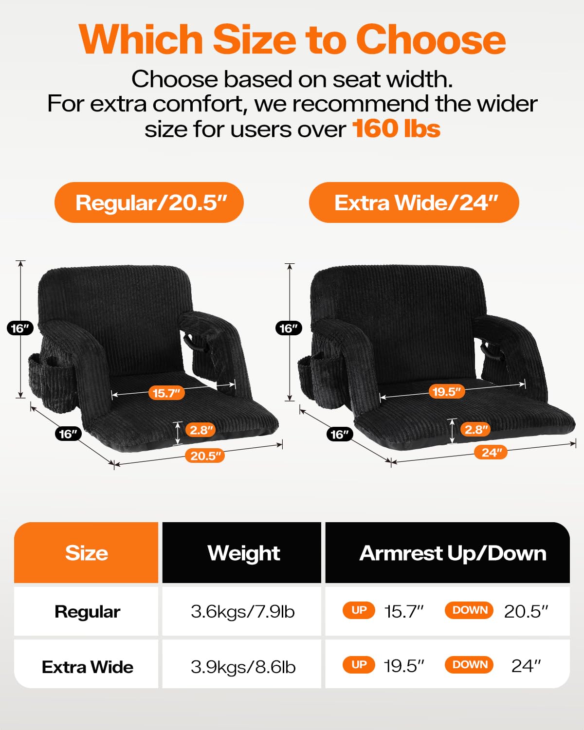 24'' Extra Wide Padded Corduroy Stadium Seats with Back Support, 2 Packs Z482601