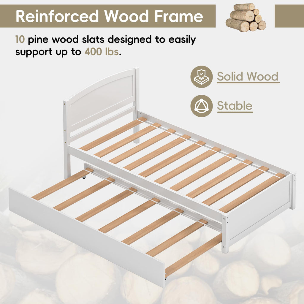 White Twin Trundle Bed with Headboard F70864