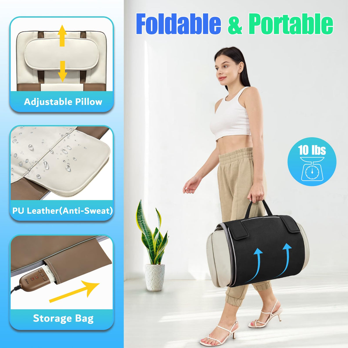 Full Body Massage Mat with Airbags Stretching & Heating, 3D Lumbar Traction, 4 Modes 3 Intensities 3 Heat Levels, PU Leather, Portable & Foldable R7863