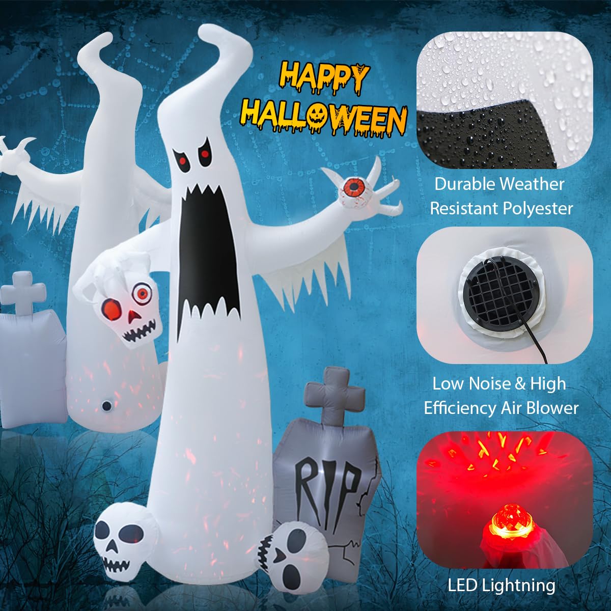 12 FT Halloween Inflatables Ghost with 3 Skulls T3289