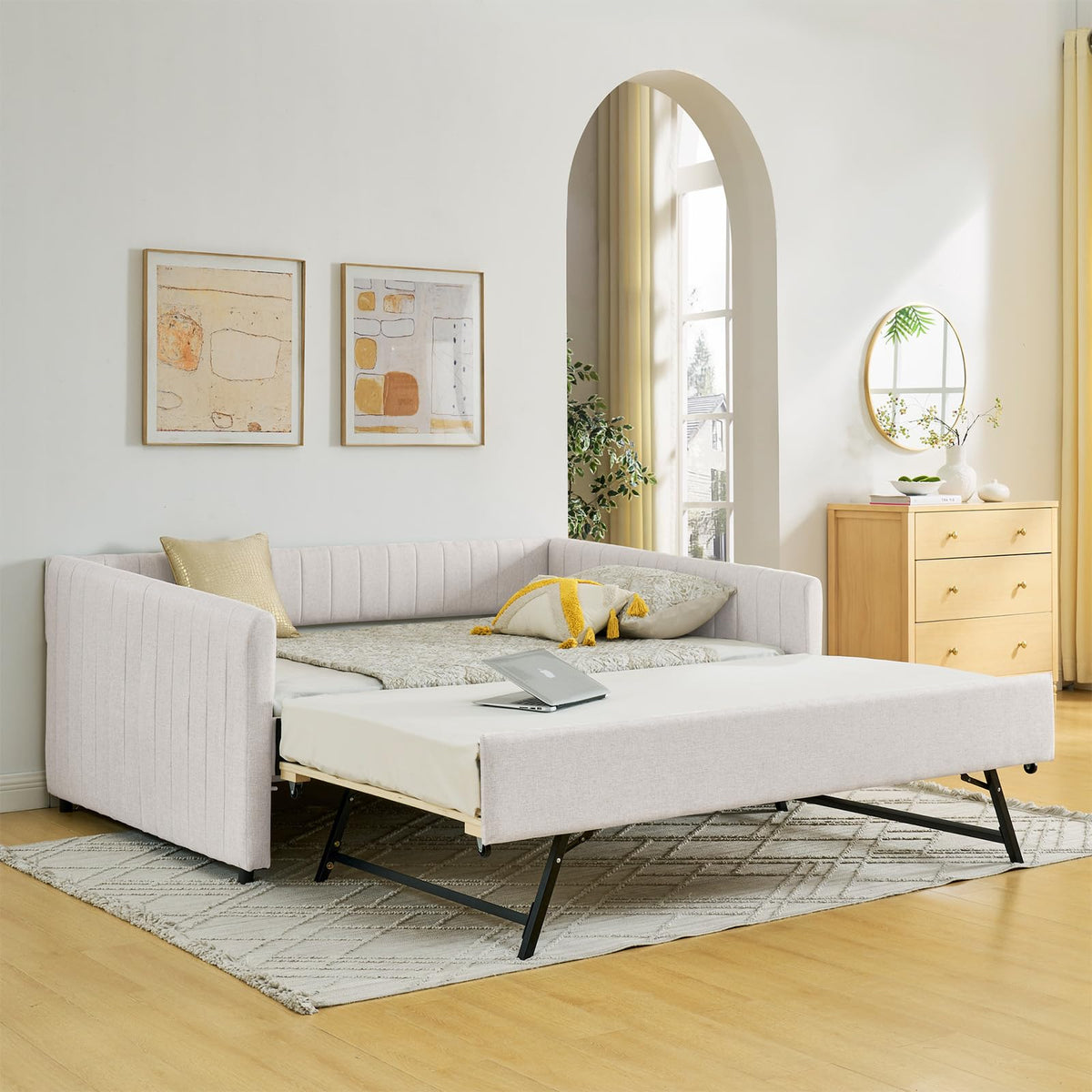 Linen Fabric Upholstered Full Size Daybed with Twin Trundle A9842