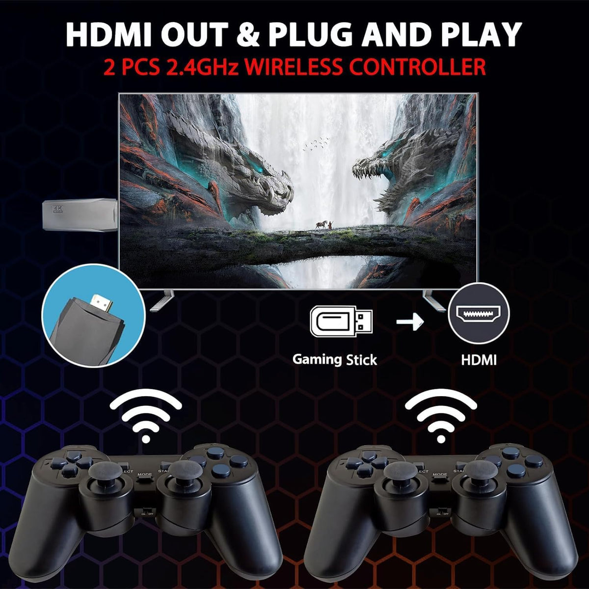 64G Wireless Game Stick 4K HDMI Game Console with 2.4G Wireless Controller W152