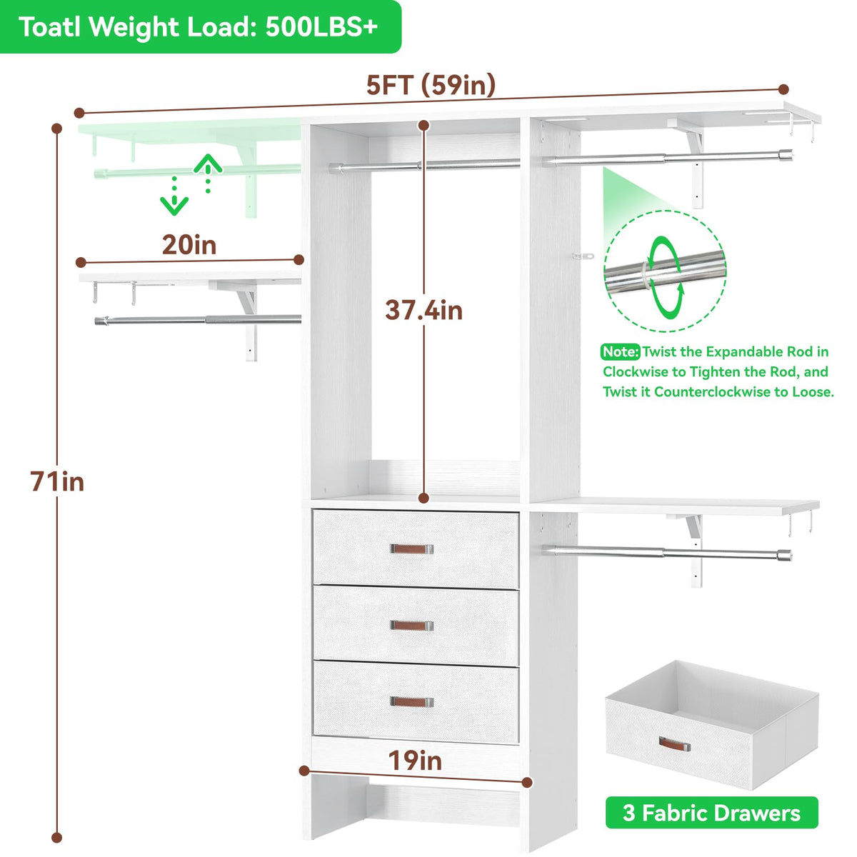 5FT Closet System with 3 Fabric Drawers C65251