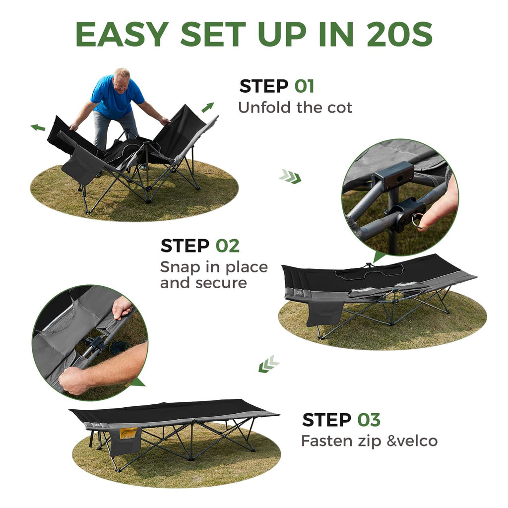 Extra Wide Heavy Duty Oversized Sleeping Cot with Carry Bag Black U792