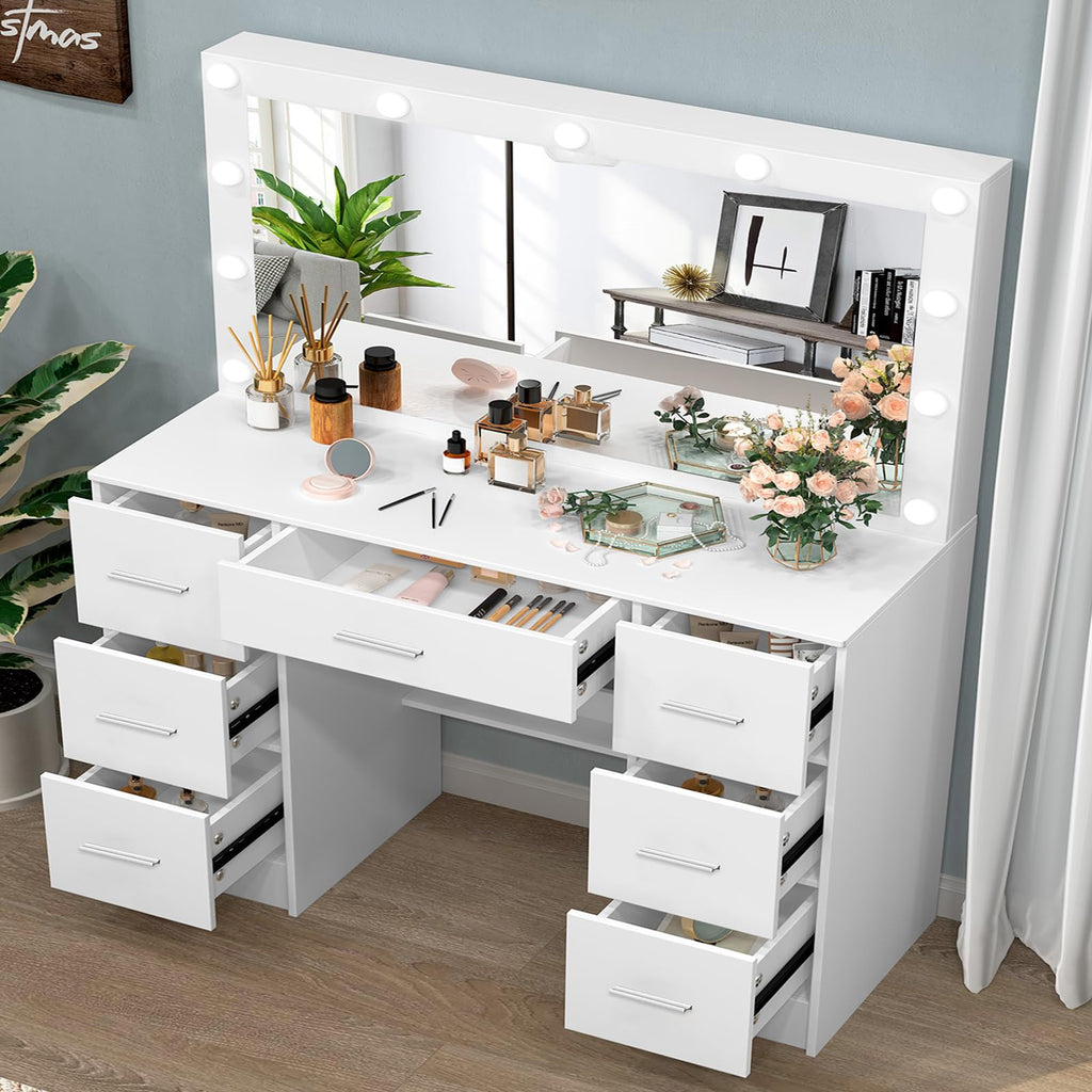 White 7 Drawer Vanity with Lights and Mirror R5529