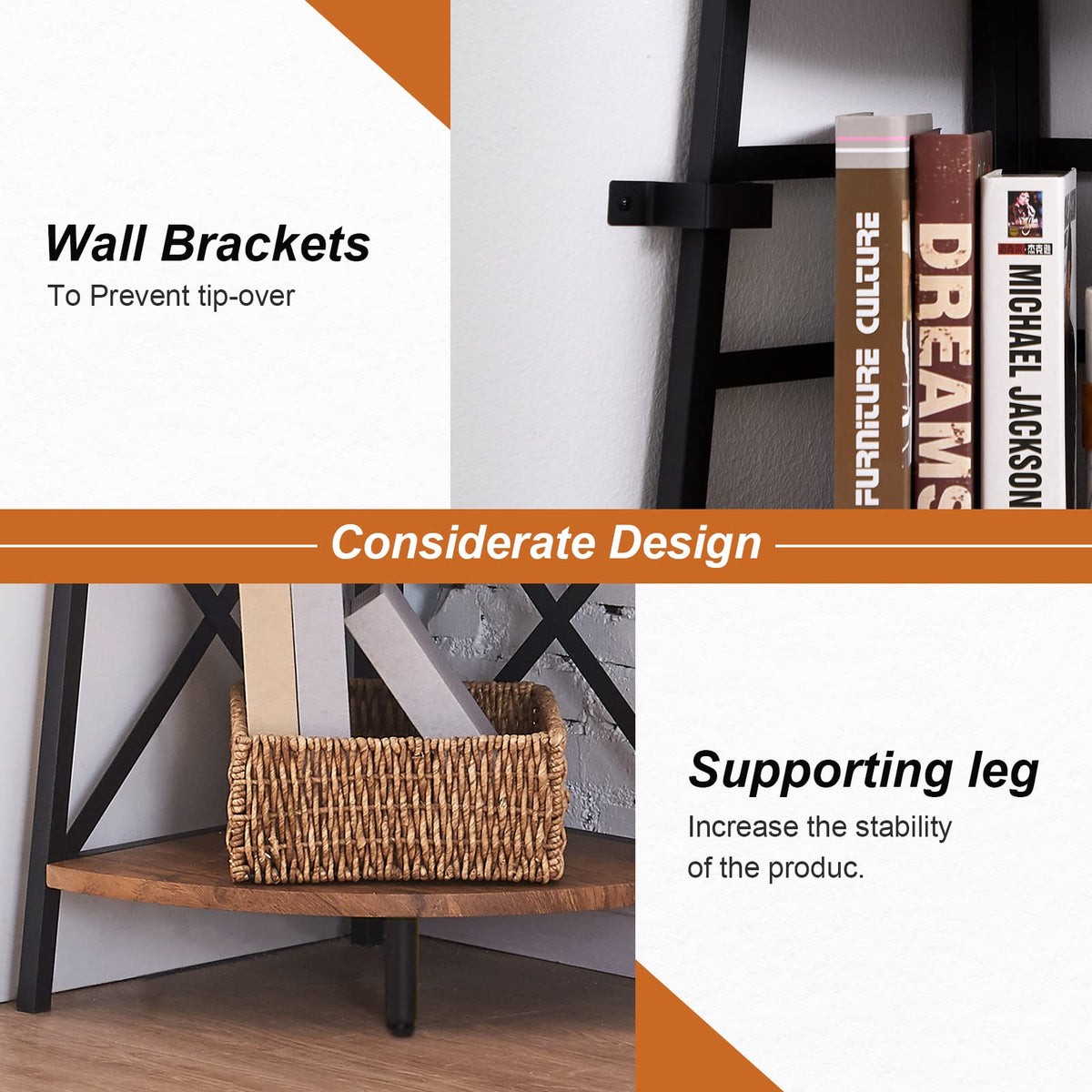 5 Tier 72 Inch Tall Corner Bookshelf N3897