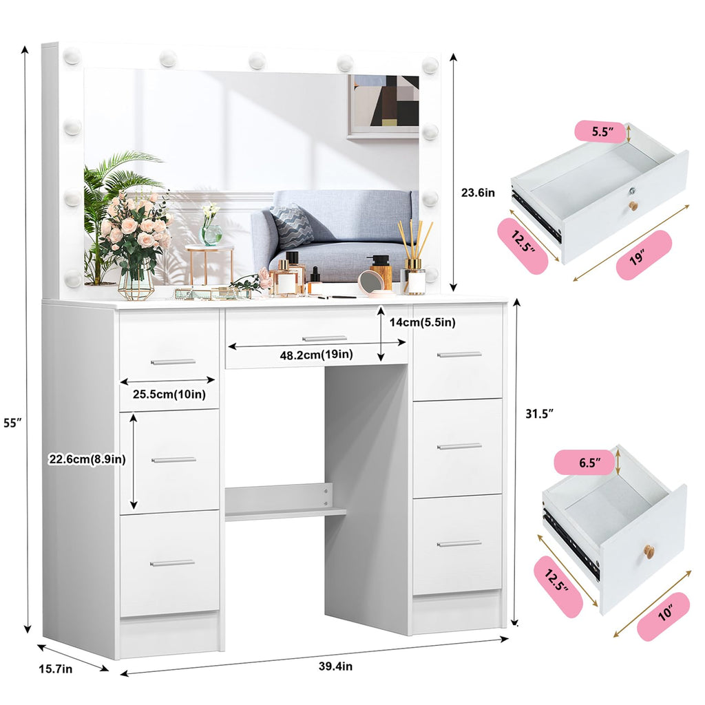 White 7 Drawer Vanity with Lights and Mirror R5529