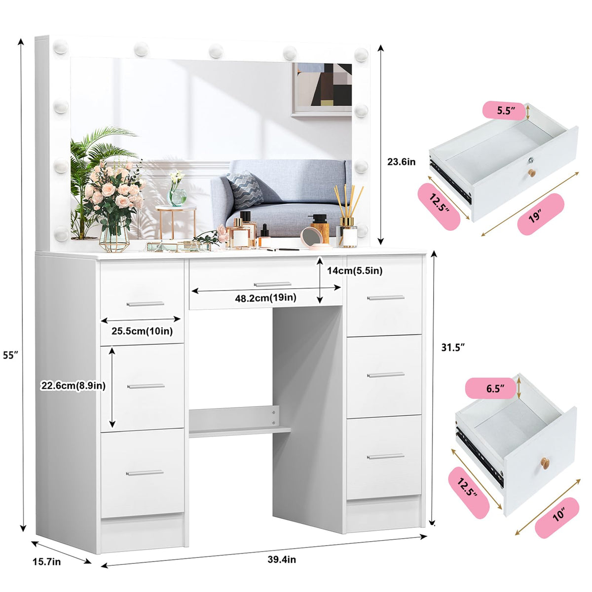 White 7 Drawer Vanity with Lights and Mirror R5529