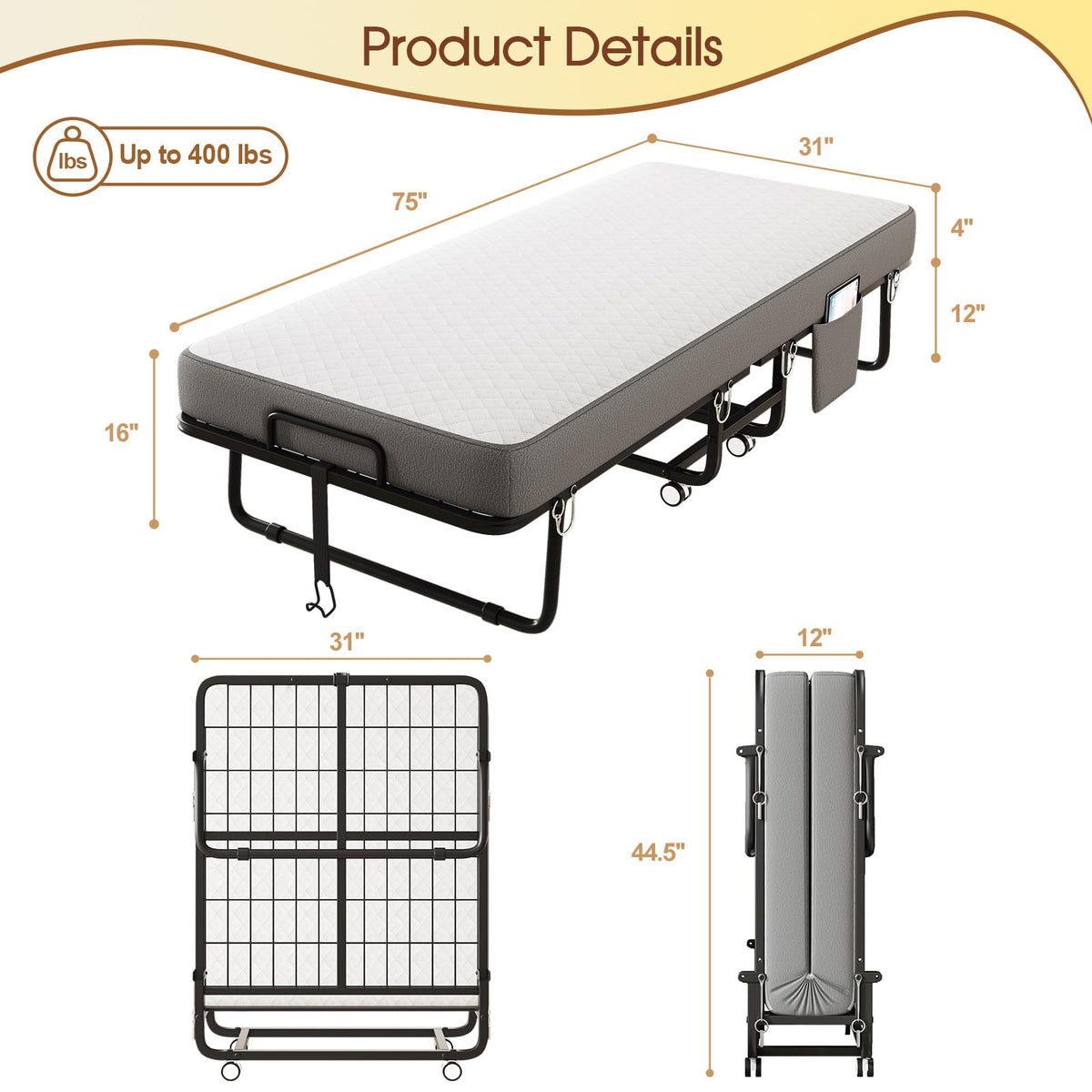 Folding Bed with Mattress, Memory Mattress Metal Frame Single Bed F894652